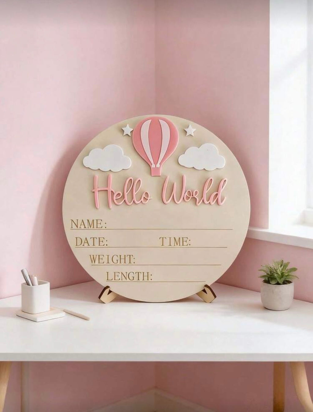 Personalised Round “Hello World” Birth Announcement Plaque - Pink
