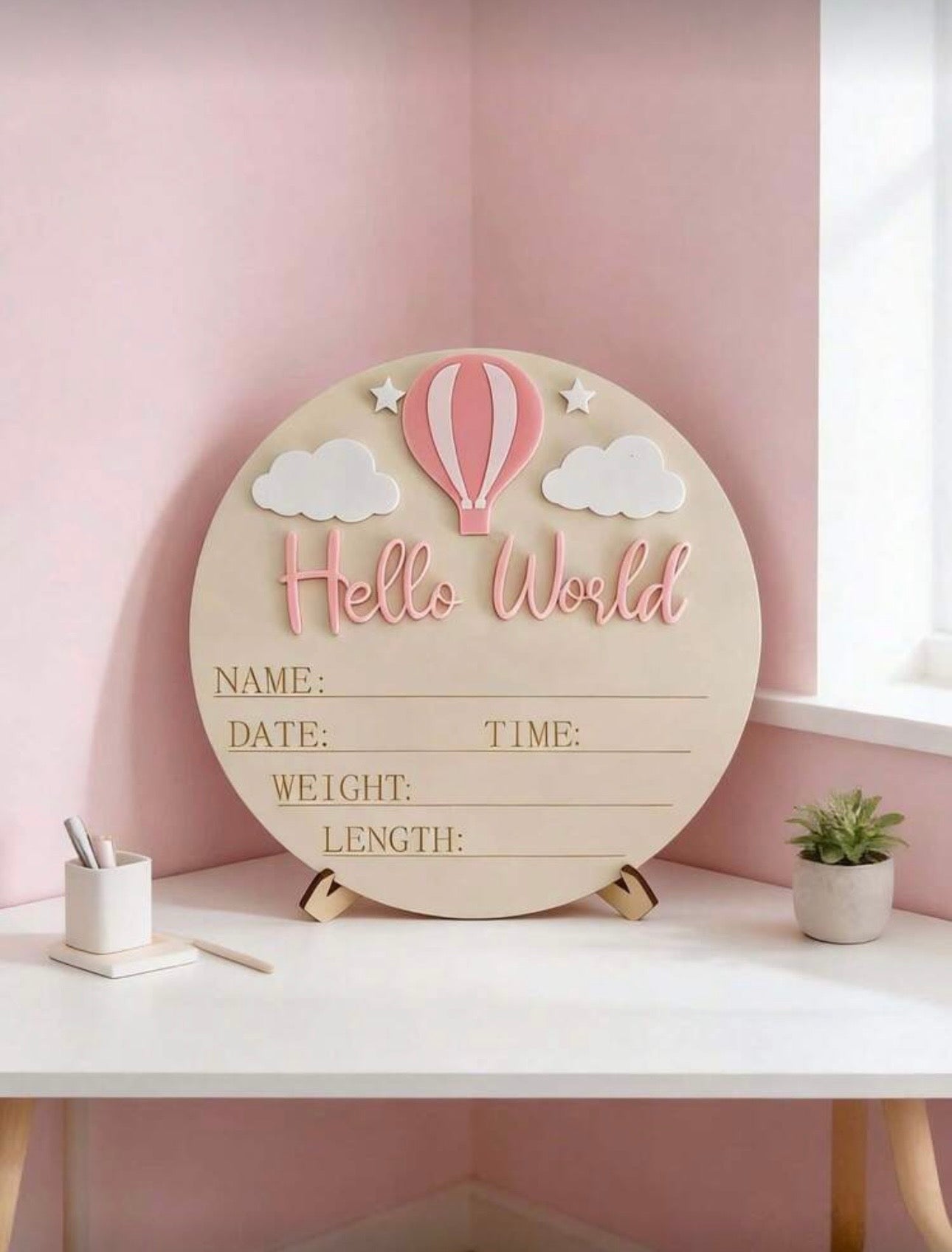 Personalised Round “Hello World” Birth Announcement Plaque - Pink