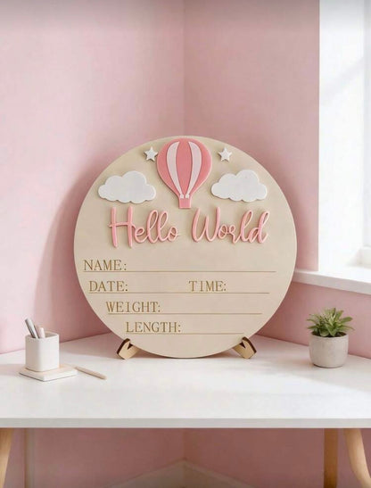 Personalised Round “Hello World” Birth Announcement Plaque - Pink