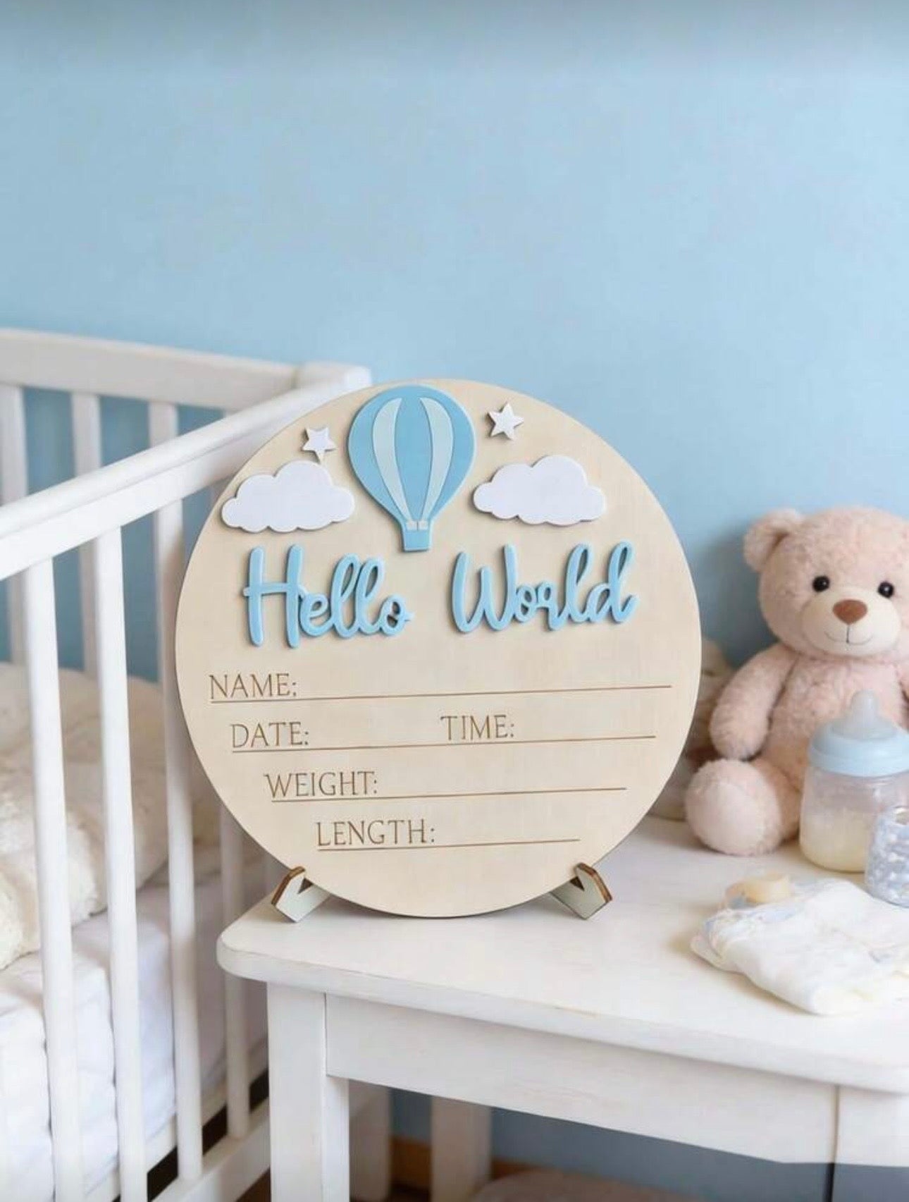 Personalised Round “Hello World” Birth Announcement Plaque - Blue
