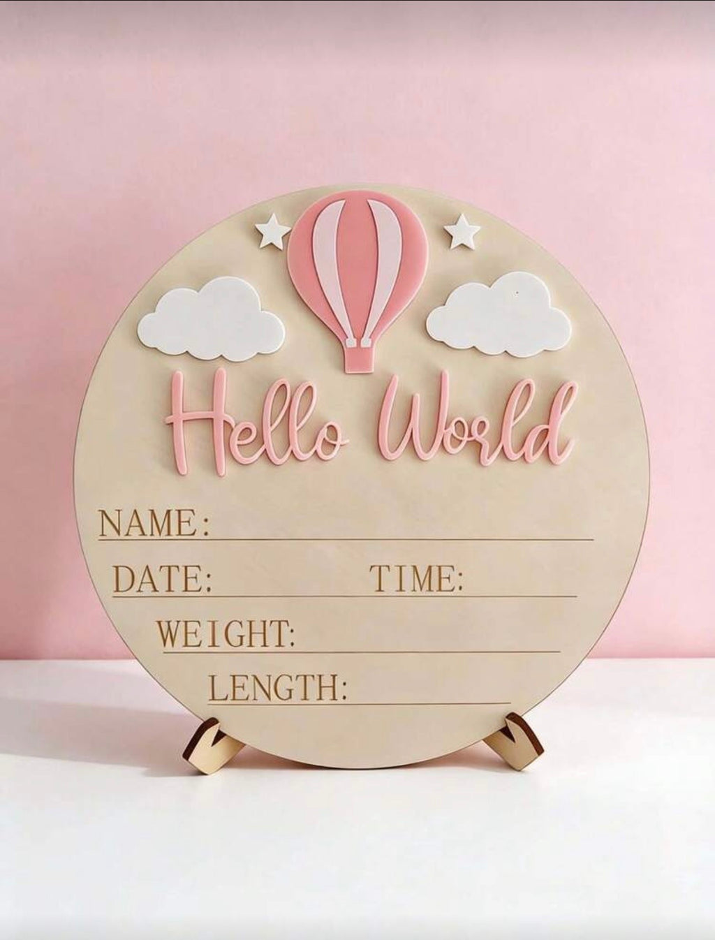 Personalised Round “Hello World” Birth Announcement Plaque - Pink