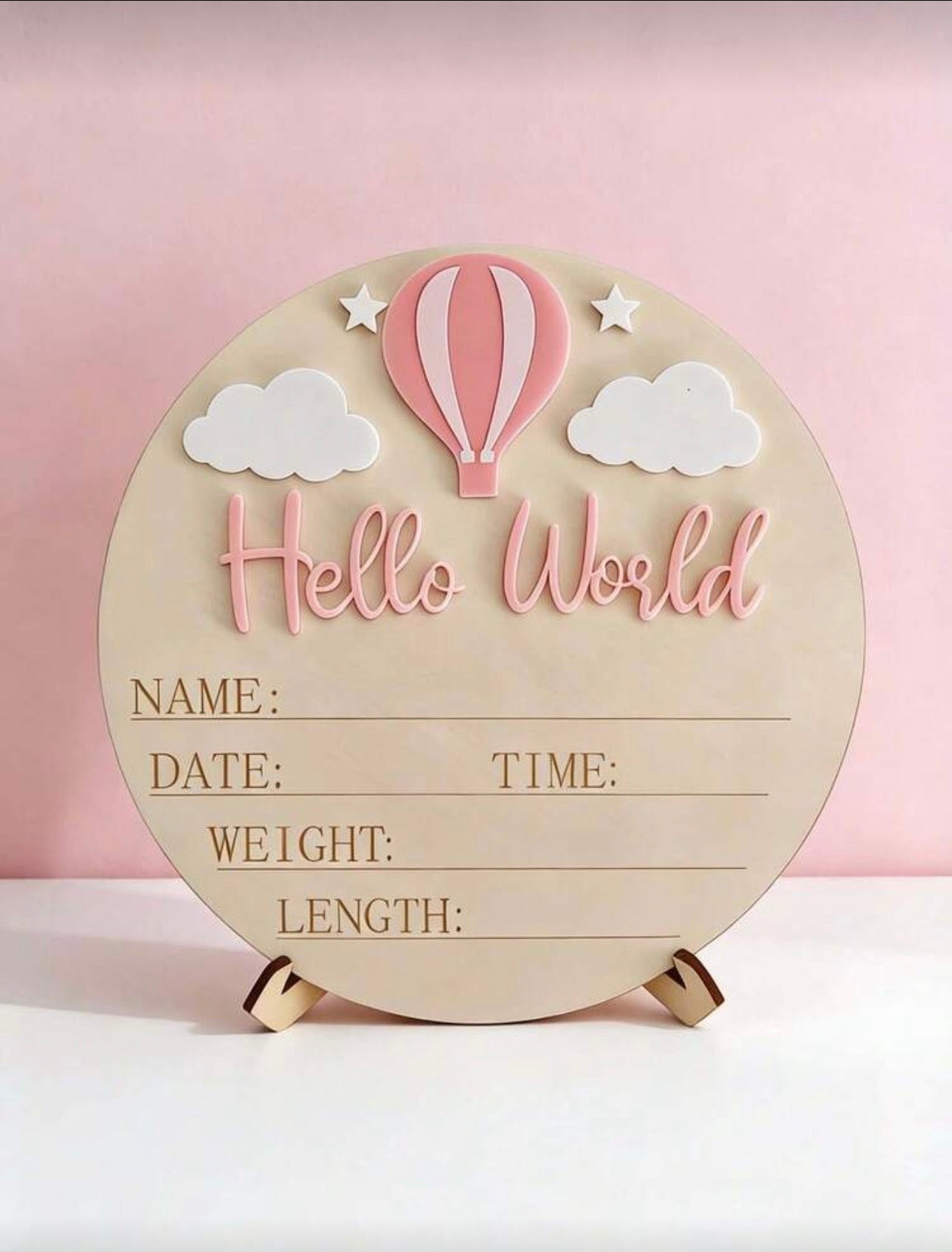 Personalised Round “Hello World” Birth Announcement Plaque - Pink